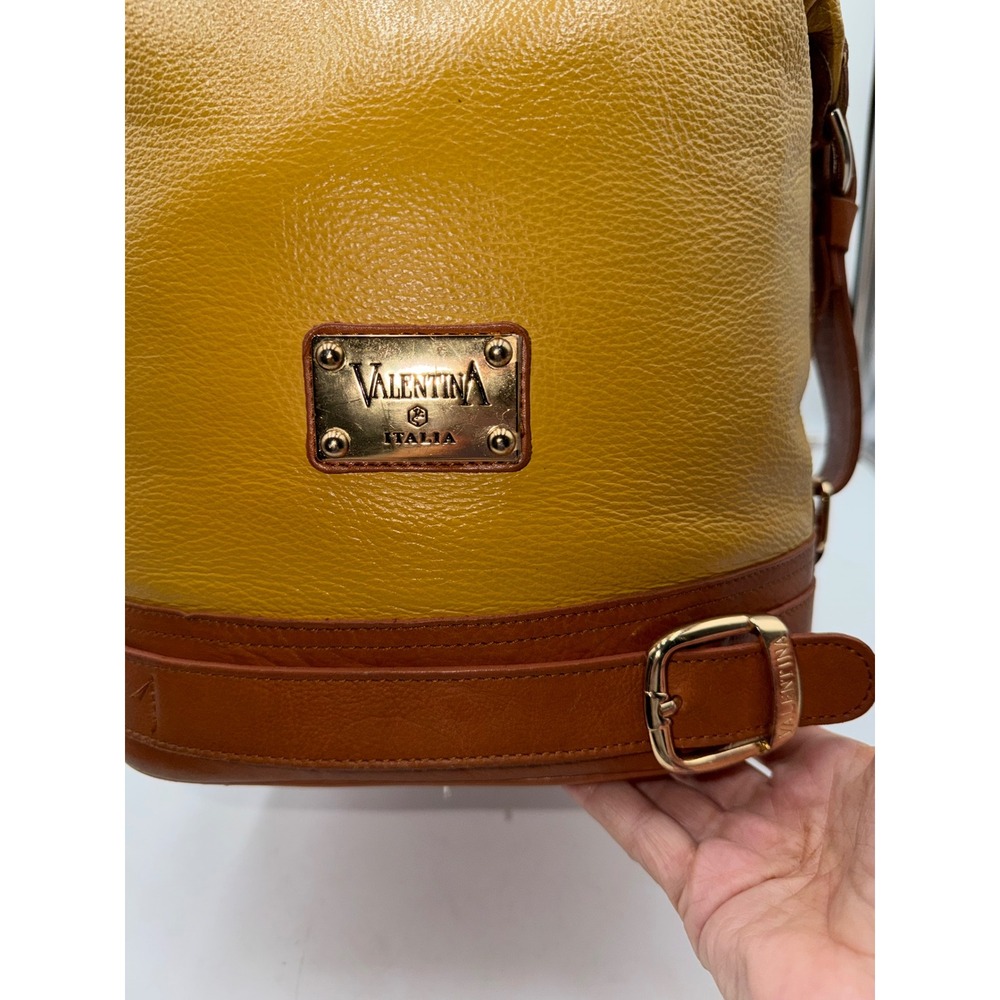 Valentina Italia Leather Shoulder Bag Mustard Yellow Cognac Brown Gold Hardware - Picture 3 of 16